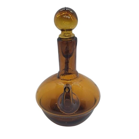 Vintage Amber Glass Cruet Decanter With Stopper Hand Blown 8" Tall Mid Century - Picture 4 of 11